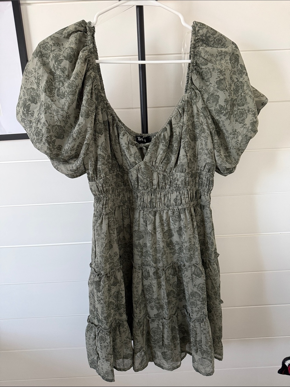 Trixxi Olive Green Floral Off-Shoulder Mini Dress